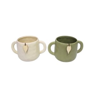 Ceramic Two Handle Flower Pot 22*14*12.5cm White/Green 1Ea 714-39889