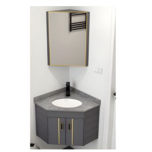 Wall Mounted Vanity Combo Corner Design w/ Mirror & Gold Accents