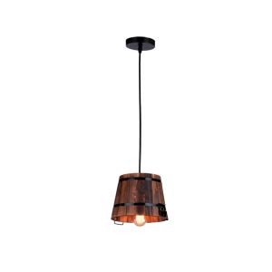 Rustic Barrel Pendant Light W/ Wooden Shade & Black 1EX27 / 955PAIL1