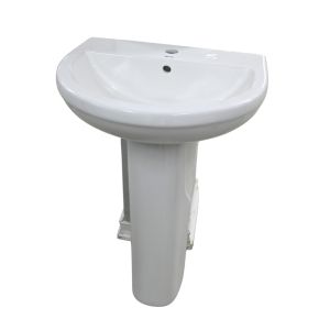 Ceramic Pedestal Sink – White, Single-Hole Faucet Design