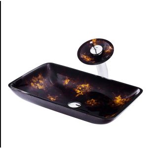 Glass Vessel Sink with Matching Waterfall Faucet – Rectangular Design